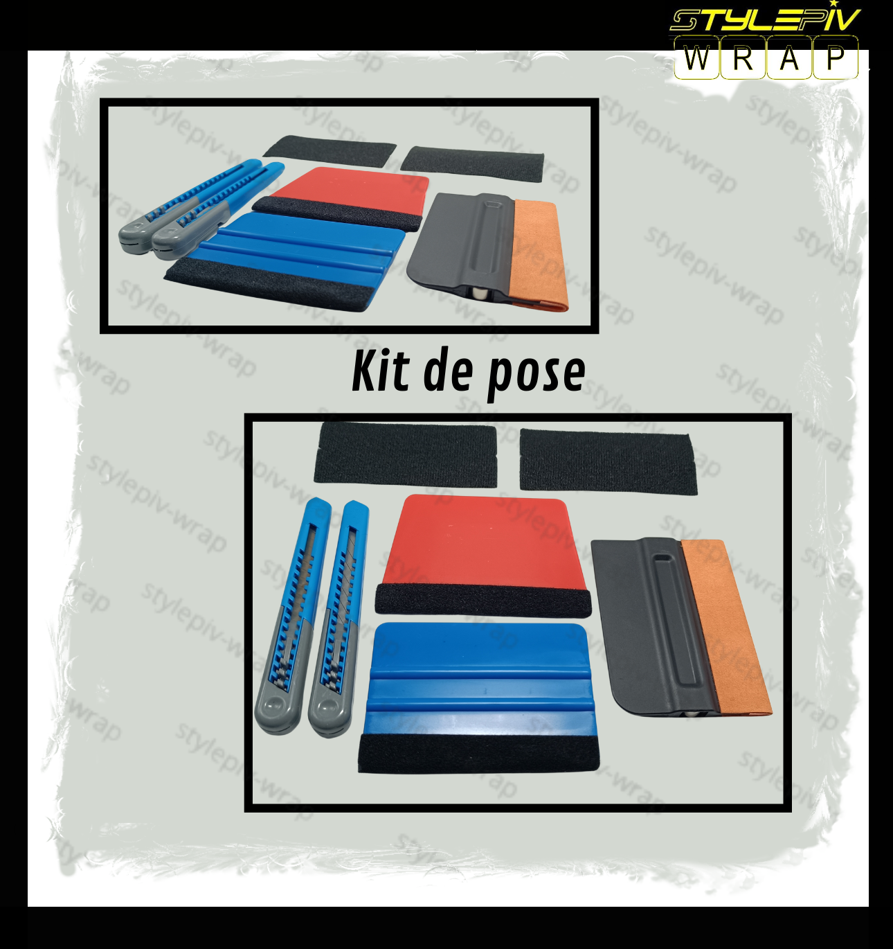 Kit de pose film covering – Raclette feutrine, cutters précision 30° / 45° – Outils installation vinyle