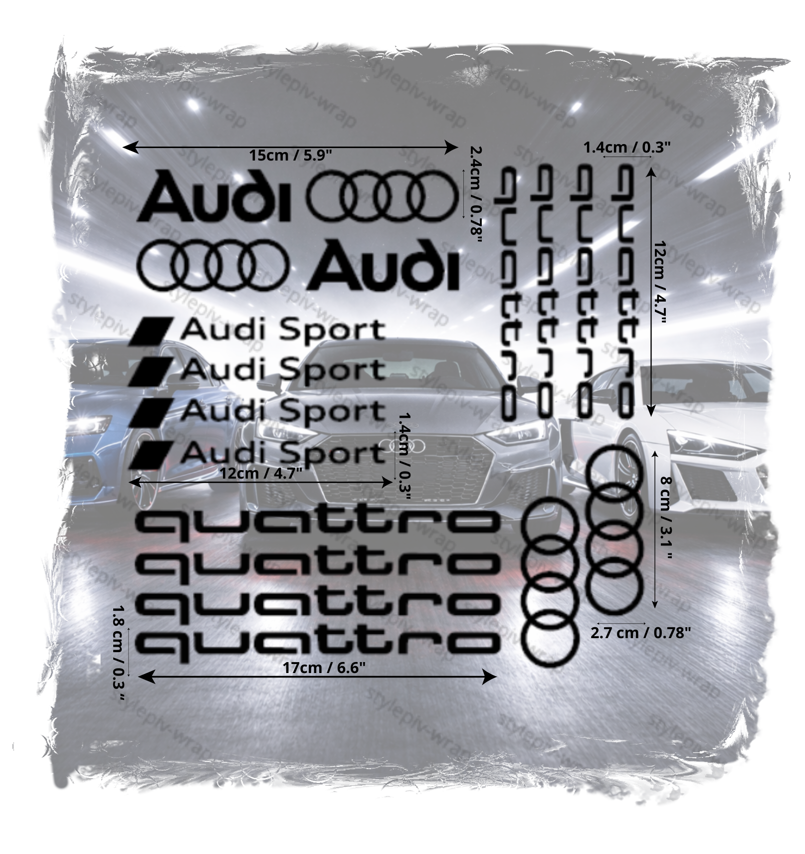 Pack Audi 16 Stickers – Quattro + Audi + Audi Sport + Anneaux – Vinyle Pro Résistant UV & Lavages